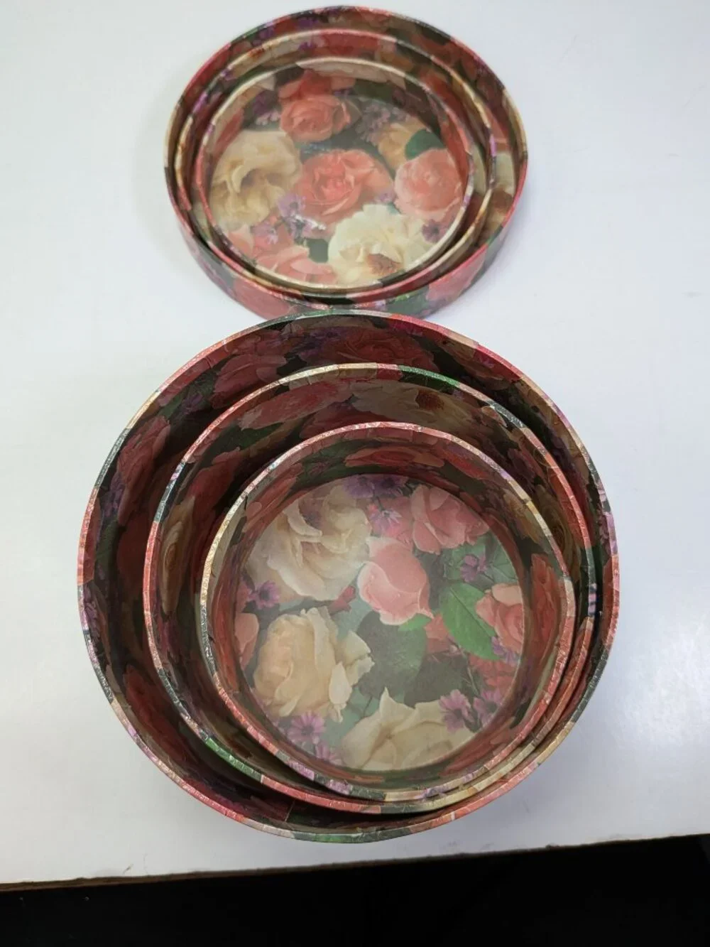 Vintage Floral Nesting Hat Boxes Set of 3 Round Cardboard Stacking Storage